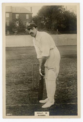Robert Richard Relf. Sussex 1905-1924. Phillips &lsquo;Pinnace&rsquo; premium issue cabinet size mono real photograph trade card of Relf, standing full length at the wicket in batting pose, wearing Sussex cap. No. 58.C. 4&rdquo;x6&rdquo;. Plain back. A rarer card in this format,