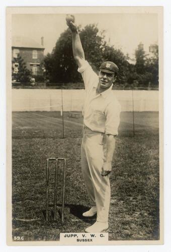 Vallence William Crisp Jupp. Sussex, Northamptonshire & England 1909-1938. Phillips &lsquo;Pinnace&rsquo; premium issue cabinet size mono real photograph trade card of Jupp, standing full length at the wicket in bowling pose, wearing Sussex cap. No. 59.C. 4&rdquo;x6&rdquo;. Plai