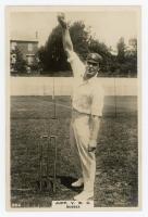 Vallence William Crisp Jupp. Sussex, Northamptonshire & England 1909-1938. Phillips ‘Pinnace’ premium issue cabinet size mono real photograph trade card of Jupp, standing full length at the wicket in bowling pose, wearing Sussex cap. No. 59.C. 4”x6”. Plai