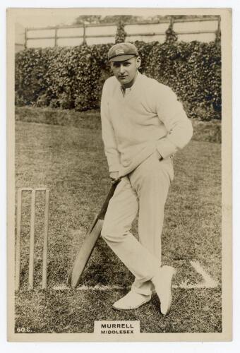 Harry Robert Murrell. Middlesex 1899-1905. Phillips &lsquo;Pinnace&rsquo; premium issue cabinet size mono real photograph trade card of Murrell, standing full length leaning on a bat at the wicket, wearing Middlesex cap. No. 60.C. 4&rdquo;x6&rdquo;. Plain back. Very good conditi