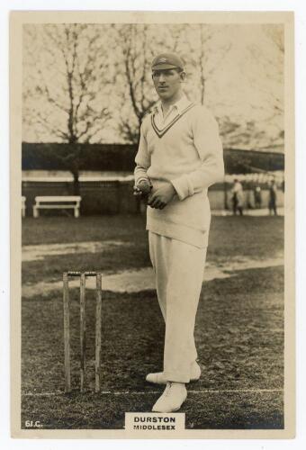 Frederick John Durston. Middlesex & England 1919-1933. Phillips ‘Pinnace’ premium issue cabinet size mono real photograph trade card of Durston, standing full length holding a ball at the wicket, wearing Middlesex cap. No. 61.C. 4”x6”. Plain back. Very go