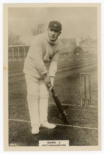 John Richmond Gunn. Nottinghamshire & England 1896-1925. Phillips &lsquo;Pinnace&rsquo; premium issue cabinet size mono real photograph trade card of Gunn, standing full length at the wicket in batting pose, wearing Nottinghamshire cap. No. 64.C. 4&rdquo;x6&rdquo;. Plain back. V