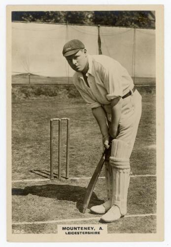 Arthur Mounteney. Leicestershire 1911-1924. Phillips ‘Pinnace’ premium issue cabinet size mono real photograph trade card of Mounteney, standing full length at the wicket in batting pose, wearing Leicestershire cap. No. 66.C. 4”x6”. Plain back. Very good 