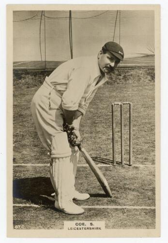 Samuel Coe. Leicestershire 1896-1923. Phillips ‘Pinnace’ premium issue cabinet size mono real photograph trade card of Coe, standing full length at the wicket in batting pose, wearing Leicestershire cap. No. 67.C. 4”x6”. Plain back. Very good condition.