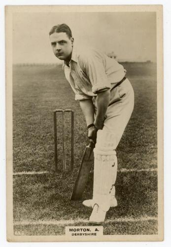 Arthur Morton. Derbyshire 1903-1926. Phillips ‘Pinnace’ premium issue cabinet size mono real photograph trade card of Morton, standing full length at the wicket in batting pose. No. 69.C. 4”x6”. Plain back. A rarer card in this format, not seen or listed 