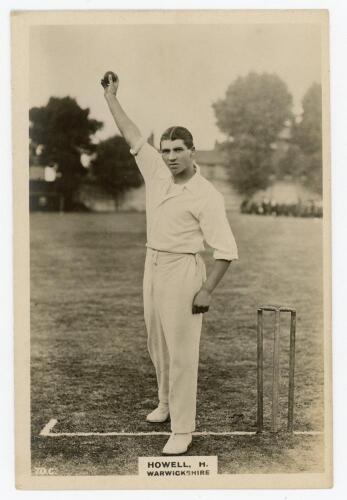 Henry ‘Harry’ Howell, Warwickshire & England 1913-1928. Phillips ‘Pinnace’ premium issue cabinet size mono real photograph trade card of Howell, standing full length at the wicket in bowling pose. No. 70.C. 4”x6”. Plain back. Very good condition.