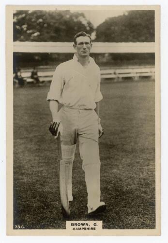 George Brown. Hampshire & England 1908-1933. Phillips &lsquo;Pinnace&rsquo; premium issue cabinet size mono real photograph trade card of Brown, full length walking out to bat. No. 73.C. 4&rdquo;x6&rdquo;. Plain back. Very good condition.