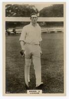 George Brown. Hampshire & England 1908-1933. Phillips ‘Pinnace’ premium issue cabinet size mono real photograph trade card of Brown, full length walking out to bat. No. 73.C. 4”x6”. Plain back. Very good condition.