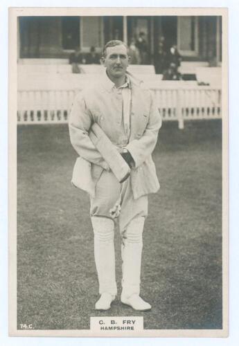 Charles Burgess Fry. Oxford University, Sussex, Hampshire & England 1892-1921. Phillips &lsquo;Pinnace&rsquo; premium issue cabinet size mono real photograph trade card of Fry, full length wearing batting attire and coat. No. 74.C. 4&rdquo;x6&rdquo;. Plain back. Very good condit