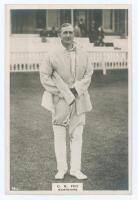 Charles Burgess Fry. Oxford University, Sussex, Hampshire & England 1892-1921. Phillips ‘Pinnace’ premium issue cabinet size mono real photograph trade card of Fry, full length wearing batting attire and coat. No. 74.C. 4”x6”. Plain back. Very good condit