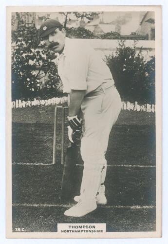 George Joseph Thompson. Northamptonshire, Auckland & England 1909-1922. Phillips &lsquo;Pinnace&rsquo; premium issue cabinet size mono real photograph trade card of Thompson, full length wearing batting attire at the crease. No. 75.C. 4&rdquo;x6&rdquo;. Plain back. A rarer card 