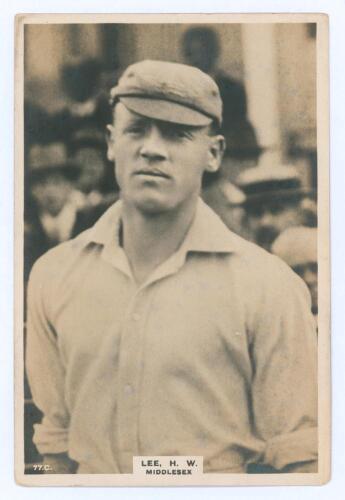 Henry William ‘Harry’ Lee. Oxford University, Middlesex & England 1911-1934. Phillips ‘Pinnace’ premium issue cabinet size mono real photograph trade card of Lee, half length wearing cricket attire and Middlesex cap. No. 77.C. 4”x6”. Plain back. Slight ro