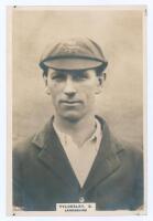 George Ernest Tyldesley. Lancashire & England 1909-1936. Phillips ‘Pinnace’ premium issue cabinet size mono real photograph trade card of Tyldesley, head and shoulders wearing blazer and Lancashire cap. No. 80.C. 4”x6”. Plain back. Minor marks to corners,