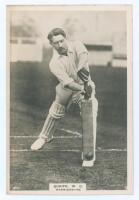 William George ‘Willie’ Quaife. Warwickshire & England 1894-1928. Phillips ‘Pinnace’ premium issue cabinet size mono real photograph trade card of Quaife, full length in batting pose. No. 81.C. 4”x6”. Plain back. Very good condition.