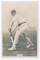 Maurice William Tate. Sussex & England 1912-1937. Phillips ‘Pinnace’ premium issue cabinet size mono real photograph trade card of Tate, full length in batting pose. No. 82.C. 4”x6”. Plain back. Very good condition.