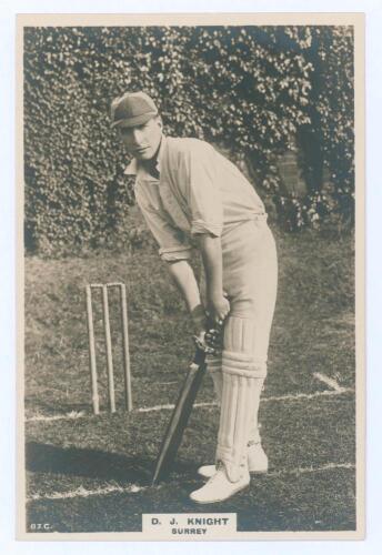 Donald John Knight. Surrey, Oxford University & England 1911-1937. Phillips &lsquo;Pinnace&rsquo; premium issue cabinet size mono real photograph trade card of Knight, full length in batting pose. No. 83.C. 4&rdquo;x6&rdquo;. Plain back. Very good condition.