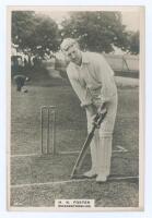 Henry Knollys Foster. Oxford University & Worcestershire 1894-1925. Phillips ‘Pinnace’ premium issue cabinet size mono real photograph trade card of Foster, full length in batting pose. No. 84.C. 4”x6”. Plain back. Very good condition.