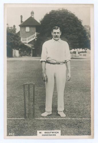 William Bestwick. Derbyshire 1898-1925. Phillips &lsquo;Pinnace&rsquo; premium issue cabinet size mono real photograph trade card of Bestwick, standing full length at the crease wearing cricket attire with ball in hand. No. 85.C. 4&rdquo;x6&rdquo;. Plain back. A rarer card in th