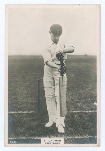 Samuel William Anthony Cadman. Derbyshire 1900-1926. Phillips &lsquo;Pinnace&rsquo; premium issue cabinet size mono real photograph trade card of Cadman standing full length at the crease in batting pose. No. 86.C. 4&rdquo;x6&rdquo;. Plain back. Very good condition.