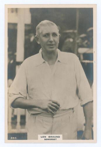 Leonard Charles &lsquo;Len&rsquo; Braund. Surrey, Somerset & England 1896-1920. Phillips &lsquo;Pinnace&rsquo; premium issue cabinet size mono real photograph trade card of Braund, three quarter length wearing cricket attire. No. 89.C. 4&rdquo;x6&rdquo;. Plain back. Very good condition.