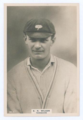 Evelyn Rockley Wilson. Yorkshire, Cambridge University & England 1899-1923. Phillips &lsquo;Pinnace&rsquo; premium issue cabinet size mono real photograph trade card of Wilson, head and shoulders wearing cricket attire and Yorkshire cap. No. 90.C. 4&rdquo;x6&rdquo;. Plain back. 