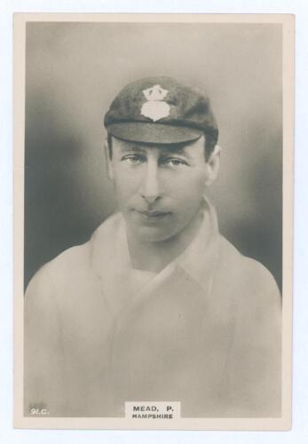 Charles Philip ‘Phil’ Mead. Hampshire & England 1899-1923. Phillips ‘Pinnace’ premium issue cabinet size mono real photograph trade card of Mead, head and shoulders wearing cricket attire and Hampshire cap. No. 91.C. 4”x6”. Plain back. Very good condition