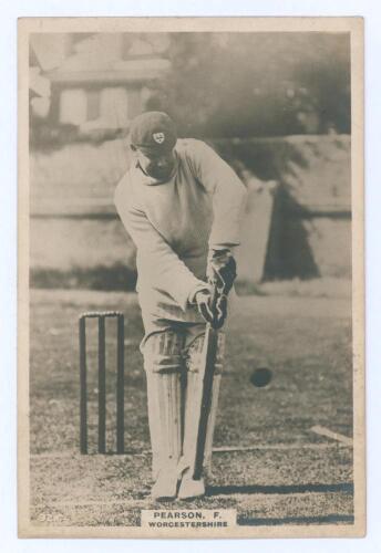 Frederick Albert ‘Dick’ Pearson. Worcestershire & Auckland 1900-1926. Phillips ‘Pinnace’ premium issue cabinet size mono real photograph trade card of Pearson standing full length at the crease wearing cricket attire and Worcestershire cap. No. 92.C. 4”x6