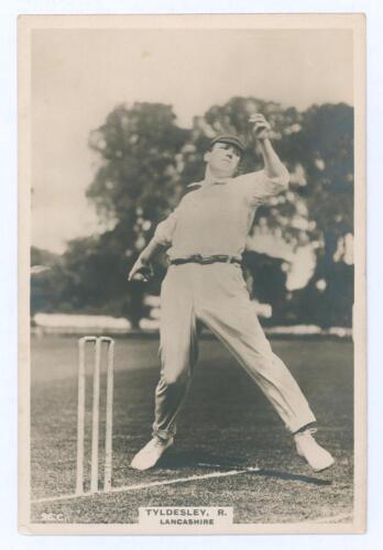 Richard Knowles Tyldesley. Lancashire & England 1919-1931. Phillips ‘Pinnace’ premium issue cabinet size mono real photograph trade card of Tyldesley, full length at the crease in bowling pose. No. 96.C. 4”x6”. Plain back. Some adhesive marks to verso, sl