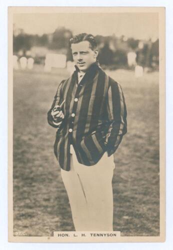Lionel Hallam Tennyson. Hampshire & England 1913-1935. Phillips &lsquo;Pinnace&rsquo; premium issue cabinet size mono real photograph trade card of Tennyson standing three quarter length wearing cricket attire and striped blazer. No. 97.C. 4&rdquo;x6&rdquo;. Plain back. Slight c