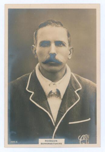 Ernest Robson. Somerset 1895-1923. Phillips ‘Pinnace’ premium issue cabinet size mono real photograph trade card of Robson, head and shoulders wearing cricket attire and blazer. No. 100.C. 4”x6”. Plain back. A rarer card in this format, not seen or listed