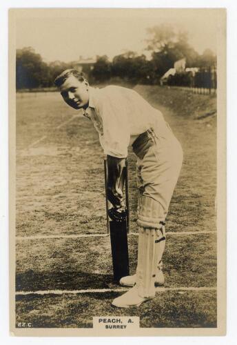 Herbert Alan Peach. Surrey 1919-1931. Phillips &lsquo;Pinnace&rsquo; premium issue cabinet size mono real photograph trade card of Peach standing full length at the wicket in batting pose. No. 22.C. 4&rdquo;x6&rdquo;. Plain back. Minor silvering, otherwise in very good condition