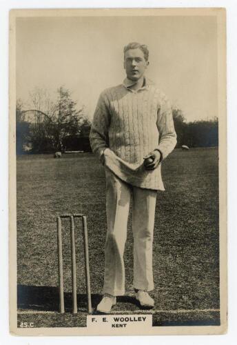 Frank Edward Woolley. Kent & England 1906-1938. Phillips ‘Pinnace’ premium issue cabinet size mono real photograph trade card of Woolley standing full length at the wicket holding a ball. No. 25.C. 4”x6”. Plain back. Very good condition.