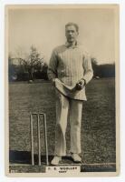 Frank Edward Woolley. Kent & England 1906-1938. Phillips ‘Pinnace’ premium issue cabinet size mono real photograph trade card of Woolley standing full length at the wicket holding a ball. No. 25.C. 4”x6”. Plain back. Very good condition.