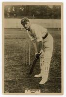 James Seymour. Kent 1900-1926. Phillips ‘Pinnace’ premium issue cabinet size mono real photograph trade card of Seymour standing full length at the wicket in batting pose wearing Kent cap. No. 28.C. 4”x6”. Plain back. Small adhesive marks to verso, minor 