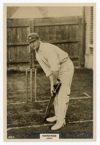 Harold Thomas William &lsquo;Wally&rsquo; Hardinge. Kent & England 1902-1933. Phillips &lsquo;Pinnace&rsquo; premium issue cabinet size mono real photograph trade card of Hardinge standing full length at the wicket in batting pose wearing Kent cap. No. 30.C. 4&rdquo;x6&rdquo;. Plain back. V