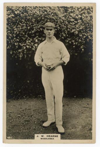 John William ‘Jack’ Hearne. Middlesex & England 1909-1936. Phillips ‘Pinnace’ premium issue cabinet size mono real photograph trade card of Hearne, full length in wearing cricket attire and Middlesex cap, holding a ball. No. 48.C. 4”x6”. Plain back. Small