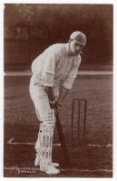 Edward Wentworth ‘Ted’ Dillon. Kent & Oxford University 1900-1923. Original sepia real photograph postcard of a youthful Dillon, standing full length at the wicket in batting pose. Blind embossed stamp to lower right corner for Foster of Brighton, c.1905.