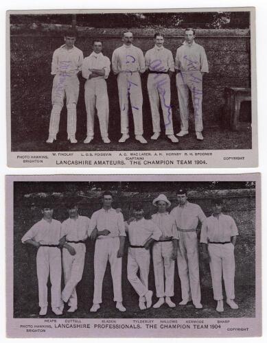 Lancashire C.C.C. 1904. Two Star Series postcards from photographs by Hawkins of Brighton, depicting members of the Lancashire ‘Champion Team 1904’, each with players standing in one row wearing cricket attire. One depicts five ‘Lancashire Amateurs’, sign