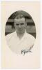 Charles Percival &lsquo;Percy&rsquo; Davis. Northamptonshire 1935-1952. Mono real photograph postcard of Davis, head and shoulders in cameo, wearing cricket attire. Nicely signed in ink by Davis to the photograph. Official stamp to verso for A. Wilkes & Son, West Bro