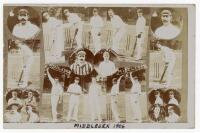 ‘Middlesex 1906’. Sepia real photograph postcard comprising a montage of twenty four cameo images of Middlesex players. Title annotated in ink to lower border. Players featured include Warner, MacGregor, Beldam, Harrison, Bosanquet, A. Lyttelton, E. Lytte