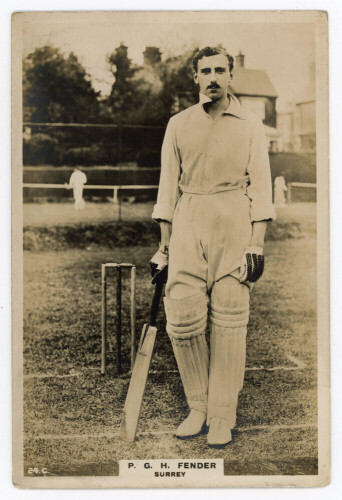 Percy George Henry Fender. Surrey & England 1910-1935. Phillips ‘Pinnace’ premium issue cabinet size mono real photograph trade card of Fender standing full length at the wicket leaning on his bat wearing cricket attire. No. 24.C. 4”x6”. Some soiling, oth