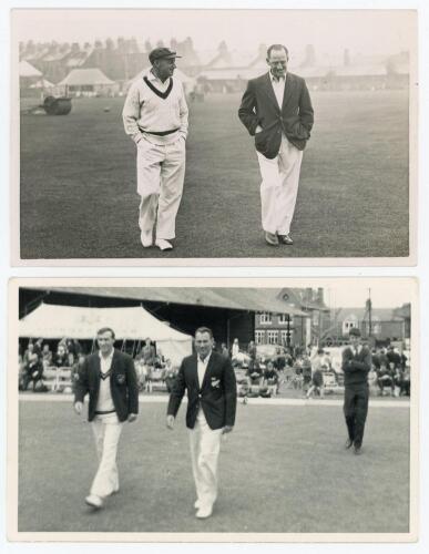 Don Bradman 1948. Mono real photograph plain back postcard of the captains, Bradman and R.W.V. Robins, walking off the field for the match H.D.G. Leveson-Gower&rsquo;s XI v Australians at Scarborough, 8th- 10th September 1948. Official stamp to verso for Walker