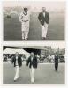 Don Bradman 1948. Mono real photograph plain back postcard of the captains, Bradman and R.W.V. Robins, walking off the field for the match H.D.G. Leveson-Gower&rsquo;s XI v Australians at Scarborough, 8th- 10th September 1948. Official stamp to verso for Walker