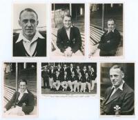 Henry Thomas Barling. Surrey 1927-1948. Mono real photograph postcard of Barling seated half length on the pavilion steps at The Oval, wearing Surrey blazer. Nicely signed in black ink to lower left corner by Barling. Sold with four similar postcards of S