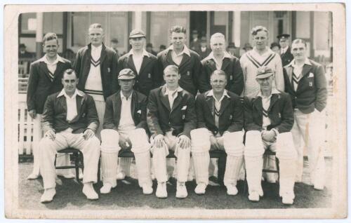 Warwickshire C.C.C. 1939. Original mono real photograph plain back postcard of the 1939 Warwickshire team. The players seated and standing in rows wearing cricket attire, blazers etc. Pencil annotation to verso, ‘Warwickshire v Northants 1939’. Official s