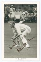 Alan Stanley Myles Oakman. Sussex & England 1947-1968. Mono real photograph plain back postcard of Oakman crouched in the slips. Nicely signed in black ink to the image by Oakman. Official copyright stamp for Bill Smith to verso. Ex John Arlott collection