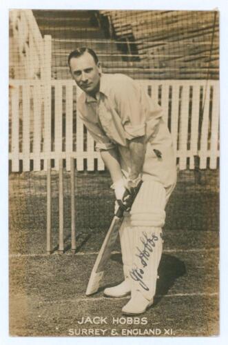 John Berry &lsquo;Jack&rsquo; Hobbs. Surrey & England 1905-1934. Original sepia real photograph of Hobbs, full length in batting pose in the nets. Nicely signed in black ink to the image by Hobbs, with handwritten message from Hobbs to &lsquo;Mr. Gwilliams&rsquo;, dated 7th June