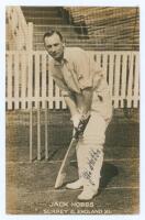 John Berry ‘Jack’ Hobbs. Surrey & England 1905-1934. Original sepia real photograph of Hobbs, full length in batting pose in the nets. Nicely signed in black ink to the image by Hobbs, with handwritten message from Hobbs to ‘Mr. Gwilliams’, dated 7th June