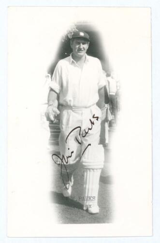 James Michael &lsquo;Jim&rsquo; Parks. Sussex, Somerset, & England 1949-1975. Mono real photograph plain back postcard of Parks, full length walking out to bat, in cameo. Nicely signed in ink to the image by Parks. Photographer unknown, appears to be Walkers Studios,