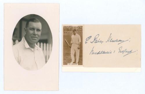 Elias Henry &lsquo;Patsy&rsquo; Hendren. Middlesex & England 1907-1937. Original mono real photograph postcard of Hendren, head and shoulder wearing cricket attire, in cameo. The postcard by Albert Wilkes & Son, West Bromwich. Sold with an excellent signature of Hend